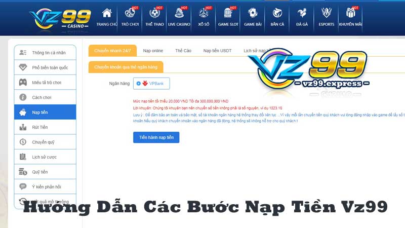 Hướng Dẫn Các Bước Nạp Tiền Vz99