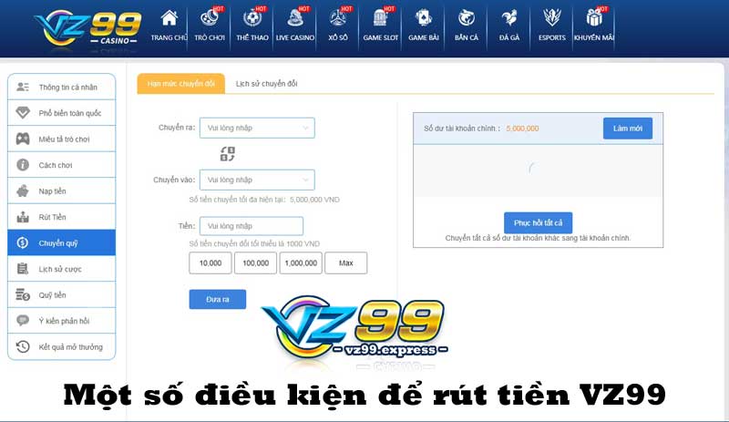 Một số điều kiện để rút tiền VZ99