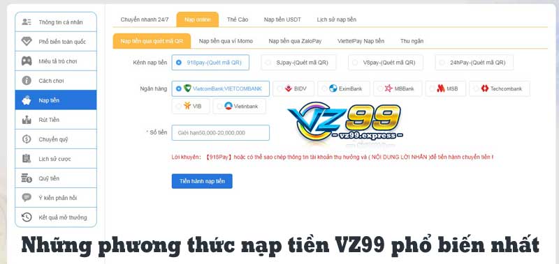 Những phương thức nạp tiền VZ99 phổ biến nhất